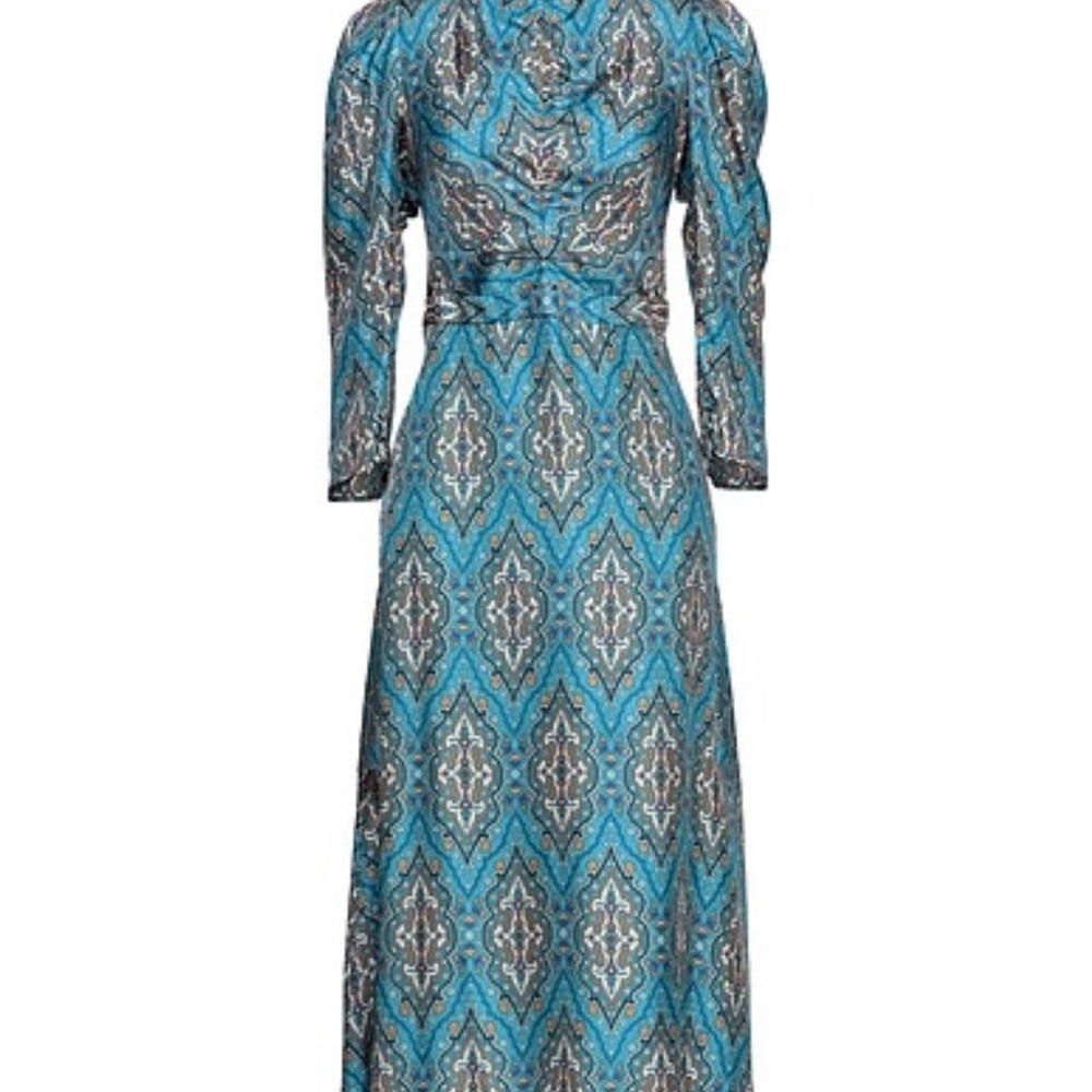 Sandro Blue and Brown Cowl Neck Sundress with Bishop Sleeves